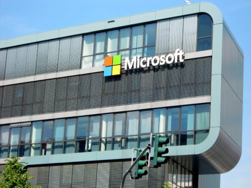 Microsoft logo on a green light building